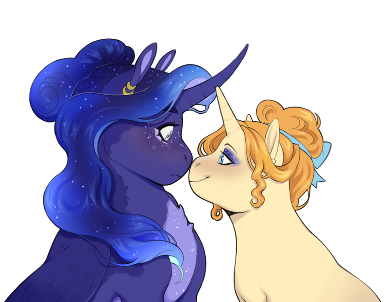 Size: 1500x1176 | Tagged: safe, artist:celeriven, derpibooru import, princess luna, pumpkin cake, alicorn, pony, unicorn, female, frown, image, lesbian, looking at each other, mare, older, older pumpkin cake, png, pumpkinluna, redraw, shipping, simple background, smiling, white background