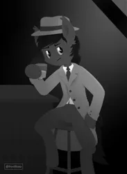 Size: 2037x2784 | Tagged: safe, derpibooru import, anthro, pony, black and white, clean, dark, dark skin, design, draw, drink, elegant, flat, grayscale, hat, illustration, image, monochrome, noir, overcoat, png, pub, vector, without lineart