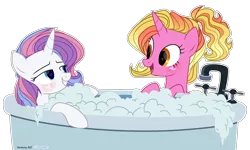 Size: 3096x1855 | Tagged: safe, artist:midnightmusic, derpibooru import, luster dawn, potion nova, pony, unicorn, my little pony: pony life, the last problem, bath, bathtub, bedroom eyes, blushing, bubble, commission, female, grin, heart, image, lesbian, lusternova, mare, open mouth, png, relaxed, relaxing, shipping, simple background, smiling, transparent background, water, ych result