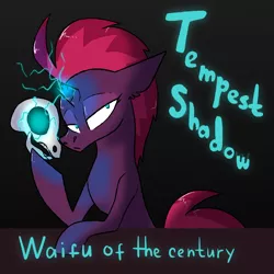 Size: 1024x1024 | Tagged: safe, artist:northernlightsone, derpibooru import, tempest shadow, pony, unicorn, black background, broken horn, female, glowing horn, hoof hold, horn, image, magic, mare, png, raised hoof, simple background, skull, solo, sparks, waifu