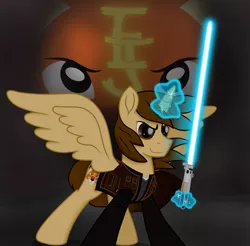 Size: 6301x6190 | Tagged: safe, artist:ejlightning007arts, derpibooru import, oc, oc:ej, unofficial characters only, alicorn, pony, absurd resolution, alicorn oc, blue, clothes, crossover, energy weapon, glowing horn, horn, image, lightsaber, magic, male, png, shirt, smiling, smirk, solo, spread wings, stallion, star wars, telekinesis, vest, wavy mane, weapon, wings
