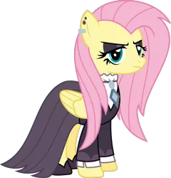 Size: 1829x1905 | Tagged: safe, artist:sketchmcreations, derpibooru import, fluttershy, pegasus, pony, fake it 'til you make it, alternate hairstyle, clothes, ear piercing, eyeshadow, female, fluttergoth, frown, goth, image, jewelry, makeup, mare, necklace, piercing, png, ruffled shirt, shoes, simple background, skirt, transparent background, vector