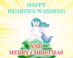 Size: 1113x887 | Tagged: safe, artist:banebuster, derpibooru import, princess celestia, alicorn, pony, series:tiny tia, catasterism, chibi, christmas, christmas tree, cute, cutelestia, holiday, image, jpeg, light, open mouth, pointy ponies, shiny, smiling, tree