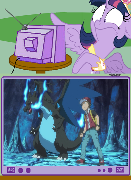 Size: 563x771 | Tagged: safe, derpibooru import, twilight sparkle, twilight sparkle (alicorn), alicorn, charizard, pony, exploitable meme, female, image, mare, mega charizard x, mega evolution, meme, obligatory pony, png, pokémon, pokémon origins, television, tv meme