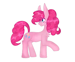 Size: 1300x1070 | Tagged: safe, artist:junko, derpibooru import, part of a set, pinkie pie, earth pony, pony, art, big ears, chest fluff, chubbie pie, chubby, cute, diapinkes, digital art, female, fluffy mane, image, looking offscreen, mare, png, raised hoof, signature, simple background, smiling, solo, transparent background, vector