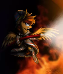 Size: 1280x1485 | Tagged: safe, artist:crystalbay, derpibooru import, oc, oc:flight fire, pegasus, pony, angry, appreciation, birthday present, confident, cool, courage, darkness, determined, fierce, fight, fire, firefighter, firepony, first responder, hose, image, jpeg, lieutenant, saving, solo, spray, water