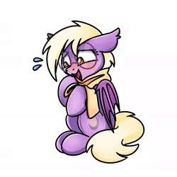 Size: 1240x1240 | Tagged: safe, artist:sugar morning, derpibooru import, oc, oc:pinkfull night, unofficial characters only, bat pony, pony, bat pony oc, bat wings, blushing, clothes, fangs, female, floppy ears, glasses, image, jpeg, open mouth, scarf, shy, simple background, sitting, solo, sweat, sweatdrop, teenager, transparent background, wings