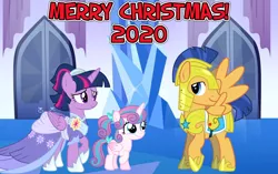 Size: 2064x1296 | Tagged: safe, artist:not-yet-a-brony, derpibooru import, flash sentry, princess flurry heart, twilight sparkle, twilight sparkle (alicorn), alicorn, the last problem, armor, aunt and niece, auntie twilight, christmas, clothes, coronation dress, crystal empire, cute, dress, family, female, flashlight, flurrybetes, hearth's warming, heartwarming, holiday, honorary uncle, i'll be home for christmas, image, looking at each other, lyrics in the description, male, older, older flurry heart, png, reunion, royal guard armor, second coronation dress, shipping, smiling, song reference, straight, uncle flash, youtube link