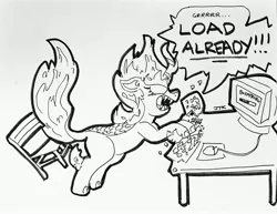 Size: 3700x2852 | Tagged: safe, artist:jamestkelley, derpibooru import, kirin oc, oc, oc:fizzy glitch, kirin, nirik, angry, black and white, buffering, chair, computer, computer mouse, computer screen, desktop, destruction, grayscale, image, impatient, jpeg, keyboard, loading screen, monochrome, mousepad, rage, sketch, smashing, table, traditional art