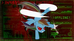 Size: 7255x4082 | Tagged: semi-grimdark, artist:jbm-deviantart, derpibooru import, rainbow dash, pegasus, pony, fanfic:rainbow factory, .exe, blood, broken glass, creepypasta, evil, fanfic art, handstand, image, kicking, png, rainbow.exe, red eyes, smiling, terminal, upside down, virus