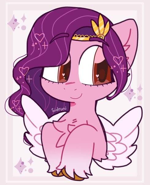 Size: 790x970 | Tagged: safe, artist:ocado7, derpibooru import, pipp petals, pegasus, pony, abstract background, adorapipp, chest fluff, cute, female, g5, image, jpeg, mare, raised hoof, signature, smiling, solo, spread wings, unshorn fetlocks, wings