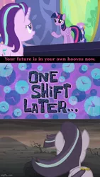 Size: 500x886 | Tagged: safe, artist:rarityvrymerzhmusic, derpibooru import, edit, edited screencap, screencap, starlight glimmer, twilight sparkle, twilight sparkle (alicorn), alicorn, pony, celestial advice, the cutie re-mark, alternate timeline, appointment tv, ashlands timeline, barren, fail, future, image, implied genocide, jpeg, post-apocalyptic, spongebob squarepants, spongebob time card, wasteland, you had one job