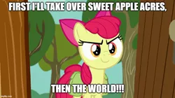 Size: 888x499 | Tagged: safe, derpibooru import, edit, edited screencap, editor:twi clown, screencap, apple bloom, earth pony, pony, the last crusade, bag, caption, female, image, image macro, imgflip, jpeg, mare, saddle bag, solo, text, world domination