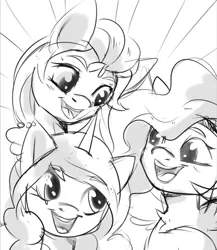 Size: 758x873 | Tagged: safe, artist:pozya1007, derpibooru import, izzy moonbow, pipp petals, sunny starscout, pony, female, g5, grayscale, image, jpeg, looking at each other, mare, monochrome, open mouth, sketch