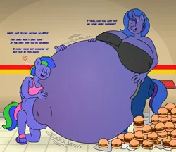 Size: 2320x2000 | Tagged: suggestive, artist:goodie-bag, derpibooru import, oc, oc:blue monday, oc:felicity stars, unofficial characters only, anthro, pegasus, unguligrade anthro, unicorn, series:monday's bump, belly, belly button, big belly, big breasts, breasts, burger, clothes, dialogue, duo, duo female, erect nipples, female, food, heart, huge belly, huge breasts, hyper, hyper belly, hyper pregnancy, image, impossibly large belly, impossibly large breasts, jeans, nipple outline, outie belly button, pants, png, pregnant, shirt, stomach noise, table