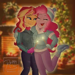 Size: 1920x1920 | Tagged: safe, artist:ro994, derpibooru import, pinkie pie, sunset shimmer, equestria girls, equestria girls series, holidays unwrapped, spoiler:eqg series (season 2), christmas, christmas tree, clothes, eyes closed, female, fireplace, hat, holiday, image, jacket, jpeg, lesbian, obtrusive watermark, shipping, side hug, sparkler (firework), sunsetpie, tree, watermark, winter outfit