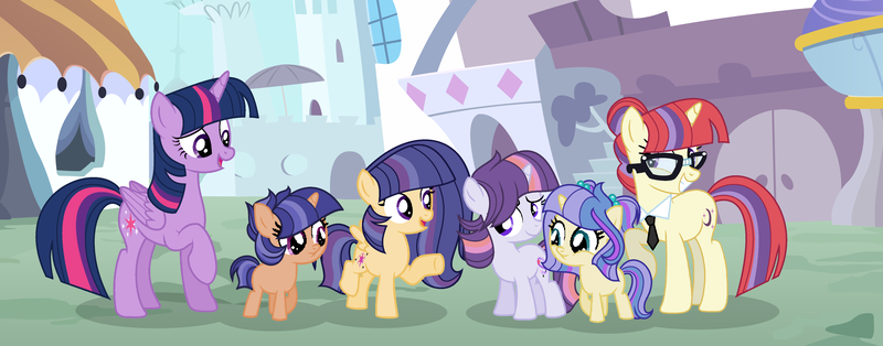 Size: 4404x1728 | Tagged: safe, artist:stellamoonshine, derpibooru import, moondancer, twilight sparkle, twilight sparkle (alicorn), oc, oc:midnight magic, oc:starline sentry, oc:tara moon, oc:twinkle galaxy, alicorn, pony, 5-year-old, female, filly, image, necktie, offspring, older, parent:flash sentry, parent:moondancer, parent:twilight sparkle, parents:flashlight, png