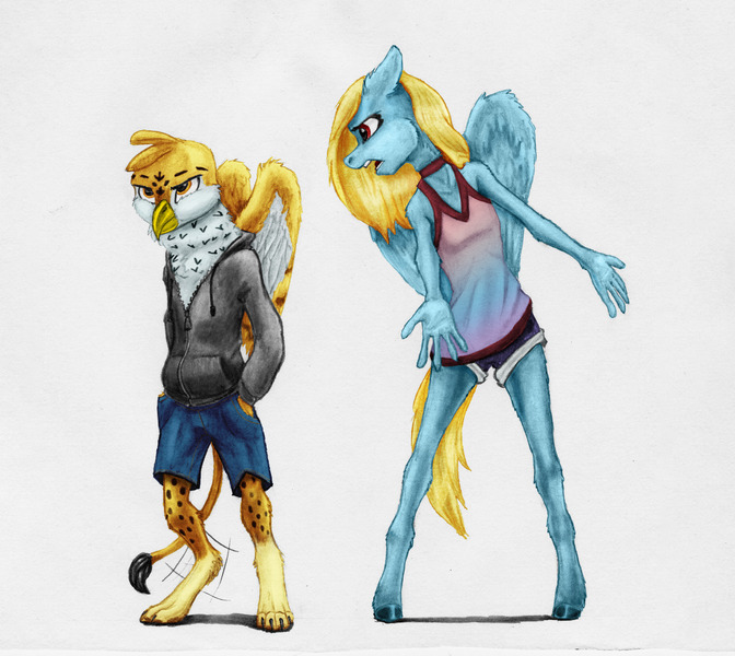 Size: 3946x3524 | Tagged: safe, artist:joestick, derpibooru import, editor:vedont, oc, oc:beaky, oc:brave blossom, unofficial characters only, anthro, digitigrade anthro, gryphon, pegasus, pony, unguligrade anthro, fanfic:yellow feathers, clothes, colored, duo, female, high res, image, jpeg, male, standing