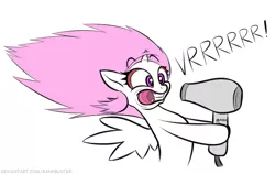 Size: 610x385 | Tagged: safe, artist:banebuster, derpibooru import, princess celestia, pony, series:tiny tia, blowing, cewestia, cute, cutelestia, female, filly, hair dryer, holding, image, jpeg, pink-mane celestia, sillestia, silly, silly pony, simple background, white background, younger