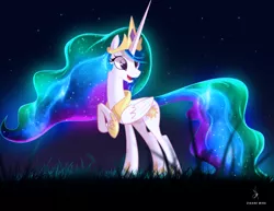 Size: 2960x2282 | Tagged: safe, artist:zidanemina, derpibooru import, princess celestia, alicorn, pony, crown, ethereal mane, ethereal tail, female, glowing mane, grass, happy, image, jewelry, jpeg, mare, night, open mouth, regalia, smiling, solo