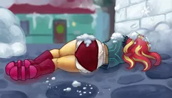 Size: 5000x2838 | Tagged: suggestive, alternate version, artist:smudge proof, derpibooru import, sunset shimmer, equestria girls, equestria girls series, holidays unwrapped, spoiler:eqg series (season 2), adult diaper, ass, bunset shimmer, butt, clothes, diaper, diaper fetish, diaper under clothes, female, fetish, image, non-baby in diaper, on ground, panties, patreon, png, saving pinkie's pie, snow, snowball fight, snowballs, snowfort, unconscious, underwear, winter