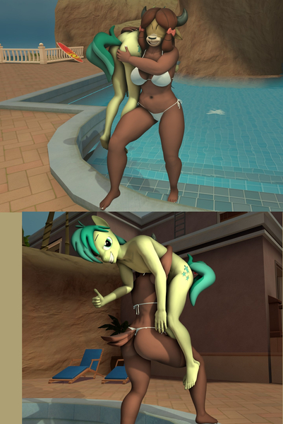 Size: 1439x2154 | Tagged: suggestive, artist:kingdude84, derpibooru import, part of a set, sandbar, yona, anthro, earth pony, plantigrade anthro, pony, yak, 2 panel comic, 3d, ass, bedroom eyes, bikini, breasts, busty yona, butt, butt grab, butt touch, carrying, clothed female nude male, clothes, comic, female, grope, image, imminent sex, imminent snu snu, interspecies, jpeg, larger female, looking at you, male, nudity, over shoulder, part of a series, sandbutt, shipping, size difference, smaller male, source filmmaker, straight, swimming pool, swimsuit, this will end in snu snu, thong swimsuit, thumbs up, yonabar, yonass