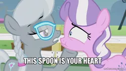 Size: 800x450 | Tagged: safe, derpibooru import, edit, edited screencap, screencap, diamond tiara, silver spoon, caption, hoof hold, hoof on chin, image, image macro, implied lesbian, implied shipping, implied silvertiara, jpeg, lidded eyes, meme, reference, scrunchy face, text