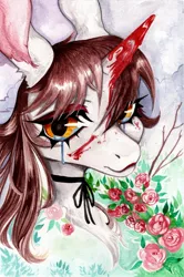 Size: 1493x2244 | Tagged: semi-grimdark, artist:slimeprnicess, derpibooru import, oc, oc:silver bubbles, unofficial characters only, pony, unicorn, blood, blood on face, blood on horn, bust, crying, flower, image, jpeg, looking at you, male, portrait, ribbon, rose, sad, traditional art