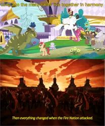 Size: 1280x1539 | Tagged: safe, derpibooru import, edit, edited screencap, screencap, ballista, rex (dragon), unnamed character, changedling, changeling, dragon, kirin, pony, unicorn, yak, the last problem, avatar the last airbender, background changeling, background dragon, background kirin, background pony, background yak, canterlot, caption, cloven hooves, cute, dragoness, female, fire nation, flower, hair over eyes, horn, horn ring, image, image macro, implied interspecies, jewelry, male, mare, not autumn blaze, pixy canela, png, ring, romantic gesture, statue, tail stand, text, unnamed kirin