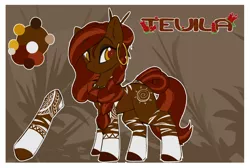 Size: 1966x1318 | Tagged: safe, artist:beardie, derpibooru import, oc, oc:teuila, unofficial characters only, hybrid, okapi, zony, braid, ear piercing, earring, hairsticks, image, jewelry, necklace, piercing, png, tail wrap, tattoo