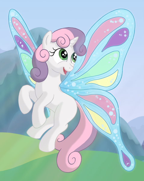 Size: 1528x1920 | Tagged: safe, artist:nebulastar985, derpibooru import, sweetie belle, pony, butterfly wings, female, filly, flying, image, looking back, looking up, outdoors, png, solo, wings