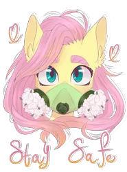 Size: 2000x2700 | Tagged: safe, artist:silbersternenlicht, derpibooru import, fluttershy, pegasus, pony, bust, coronavirus, covid-19, female, flower, gas mask, image, mare, mask, png, simple background, solo, transparent background