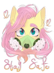 Size: 2000x2700 | Tagged: safe, artist:silbersternenlicht, derpibooru import, fluttershy, pegasus, pony, bust, covid-19, female, flower, gas mask, image, mare, mask, png, simple background, solo, transparent background