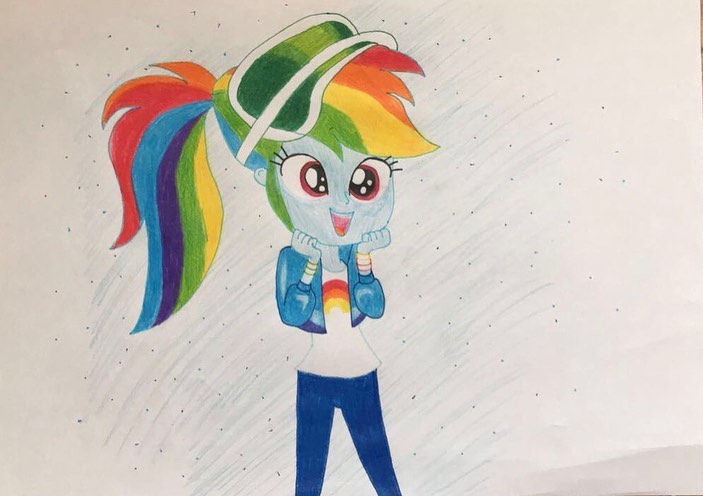 Size: 703x496 | Tagged: safe, artist:lillycloudart, derpibooru import, rainbow dash, equestria girls, clothes, cute, dashabetes, eyelashes, female, image, jacket, jpeg, open mouth, pants, smiling, solo, traditional art, visor