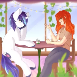 Size: 4000x4000 | Tagged: safe, artist:timkaa, derpibooru import, shining armor, oc, oc:becky, unicorn, fanfic:crossing the trixie bridge, cafe, fanfic art, food, image, png, tea