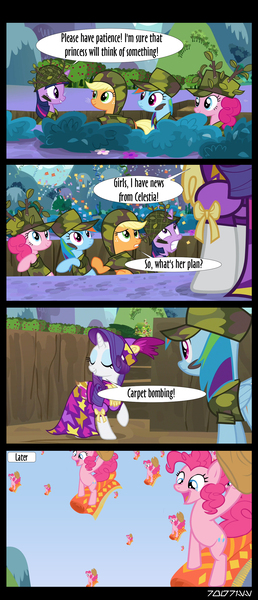 Size: 1288x3000 | Tagged: safe, derpibooru import, edit, edited screencap, editor:teren rogriss, screencap, applejack, pinkie pie, rainbow dash, rarity, twilight sparkle, earth pony, pegasus, pony, unicorn, dragon quest, camouflage, carpet, clone, clones, cowboy hat, dr. strangelove, hat, image, jpeg, multeity, pinkie clone, pun, this will end in parties, unicorn twilight, visual pun