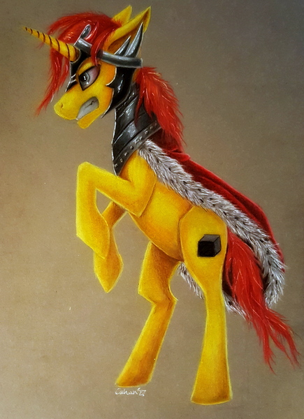 Size: 2139x2952 | Tagged: safe, artist:cahandariella, derpibooru import, king sombra, oc, pony, unicorn, armor, cape, clothes, colored pencil drawing, cosplay, costume, image, jpeg, male, solo, stallion, traditional art