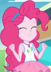 Size: 1920x2691 | Tagged: safe, derpibooru import, screencap, pinkie pie, equestria girls, equestria girls series, rollercoaster of friendship, ^^, clothes, cropped, cute, diapinkes, equestria land, eyes closed, female, geode of sugar bombs, image, jewelry, jpeg, magical geodes, necklace, smiling, solo, tanktop