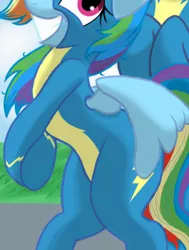 Size: 768x1016 | Tagged: safe, artist:theroyalprincesses, derpibooru import, edit, rainbow dash, soarin', pegasus, pony, belly, bipedal, clothes, cropped, female, flirting, grin, hooves together, image, male, offscreen character, pictures of bellies, png, shipping, smiling, soarindash, solo focus, straight, uniform, wings, wonderbolts uniform