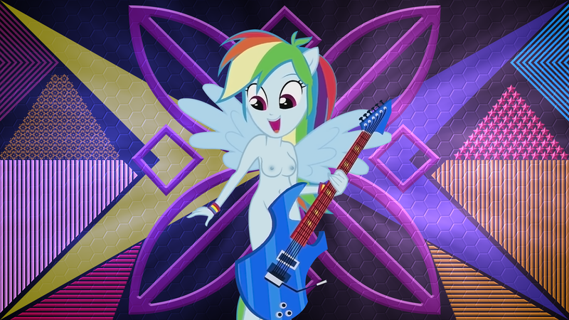 Size: 3840x2160 | Tagged: questionable, artist:laszlvfx, derpibooru import, edit, editor:ah96, rainbow dash, equestria girls, areola, belly button, breasts, electric guitar, female, guitar, high res, image, musical instrument, nipples, nudity, open mouth, png, ponied up, small breasts, solo, solo female, strategically covered, wallpaper, wallpaper edit, wristband