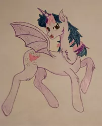 Size: 1641x2032 | Tagged: safe, artist:raindasher14, derpibooru import, twilight sparkle, twilight sparkle (alicorn), alicorn, bat pony, pony, alternate design, bat ponified, bat wings, chest fluff, ear fluff, fangs, image, jpeg, nightmare night, photo, race swap, ruffled mane, solo, twibat, wings