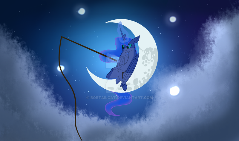 Size: 1280x759 | Tagged: safe, artist:bobtailcat, derpibooru import, princess luna, alicorn, pony, cloud, crescent moon, deviantart watermark, dreamworks, female, fishing, fishing rod, glowing horn, horn, image, magic, mare, moon, night, obtrusive watermark, parody, png, sitting, sky, solo, stars, tangible heavenly object, telekinesis, watermark