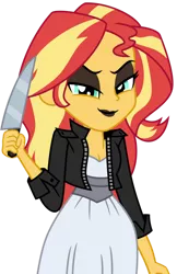 Size: 1024x1578 | Tagged: safe, artist:emeraldblast63, derpibooru import, sunset shimmer, equestria girls, bride of chucky, child's play, clothes, clothes swap, cosplay, costume, eyeshadow, friday the 13th, image, knife, makeup, png, simple background, solo, tiffany valentine, transparent background