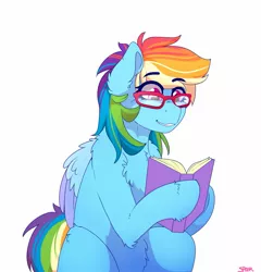 Size: 1593x1659 | Tagged: safe, artist:aaa-its-spook, derpibooru import, rainbow dash, pegasus, pony, book, egghead, egghead dash, female, glasses, image, jpeg, rainbow dork, reading, simple background, solo, white background