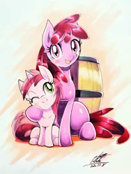 Size: 1536x2048 | Tagged: safe, artist:025aki, derpibooru import, berry punch, berryshine, ruby pinch, earth pony, pony, barrel, female, filly, image, jpeg, mare, mother and child, mother and daughter