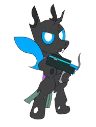 Size: 3072x4096 | Tagged: safe, alternate version, artist:theunidentifiedchangeling, derpibooru import, oc, oc:[unidentified], unofficial characters only, changeling, bipedal, digital art, discussion in the comments, fangs, gun, holding, horn, image, looking at you, male, png, simple background, solo, transparent background, weapon, wings