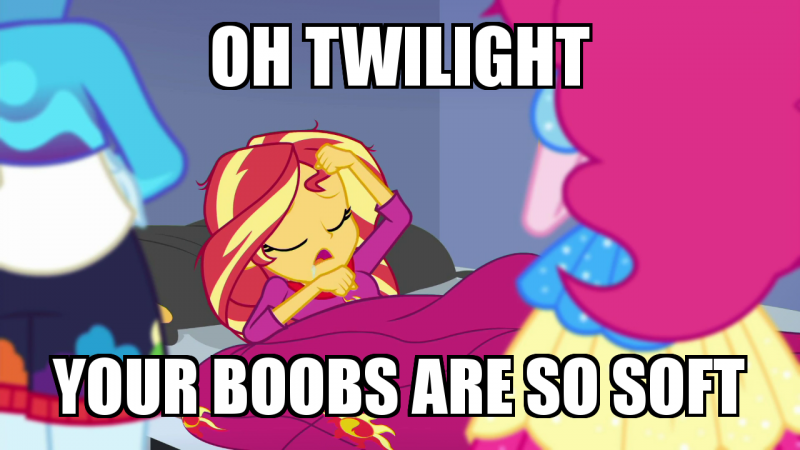 Size: 800x450 | Tagged: safe, derpibooru import, edit, edited screencap, screencap, pinkie pie, rainbow dash, sunset shimmer, equestria girls, equestria girls series, wake up!, spoiler:eqg series (season 2), caption, image, image macro, implied lesbian, implied scitwishimmer, implied shipping, png, text