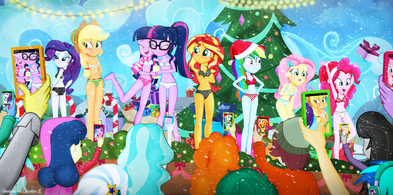 Size: 6709x3328 | Tagged: suggestive, alternate version, artist:invisibleink, derpibooru import, applejack, bon bon, fluttershy, golden hazel, lyra heartstrings, normal norman, octavia melody, paisley, pinkie pie, rainbow dash, rarity, sci-twi, sunset shimmer, sweetie belle, sweetie drops, trixie, twilight sparkle, vinyl scratch, equestria girls, equestria girls series, ass, barefoot, belly button, black underwear, blushing, bra, breasts, butt, candy, candy cane, christmas, christmas 2020, christmas tree, cleavage, clothes, cloud, decoration, embarrassed, embarrassed underwear exposure, feet, food, frilly underwear, hat, holiday, house, humane five, humane seven, humane six, image, mobile phone, panties, parade, phone, png, present, red underwear, santa hat, show accurate, show accurate porn, smartphone, snow, snowfall, striped underwear, tree, twolight, underwear, wallpaper, white underwear