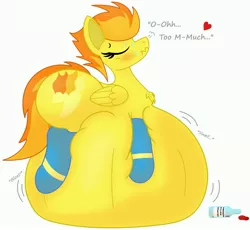 Size: 4096x3773 | Tagged: suggestive, artist:chespi, derpibooru import, spitfire, pegasus, pony, belly, belly bed, belly inflation, belly squish, big belly, blushing, chest fluff, clothes, cute, eyes closed, female, floating heart, growth, heart, huge belly, image, impossibly large belly, inflation, jpeg, large butt, mare, potion, simple background, socks, solo, solo female, squishy, sweat, sweatdrops, unsound effect, white background