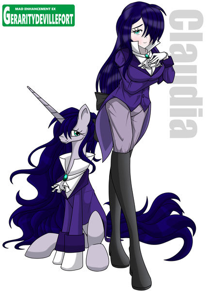 Size: 2000x2800 | Tagged: safe, artist:geraritydevillefort, derpibooru import, oc, oc:claudia, pony, unicorn, clothes, cravat, human ponidox, image, jacket, knee-high boots, long hair, long mane, png, self ponidox